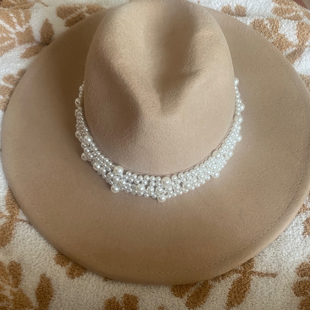 Elegant Tan Pearl-Embellished Women's Hat